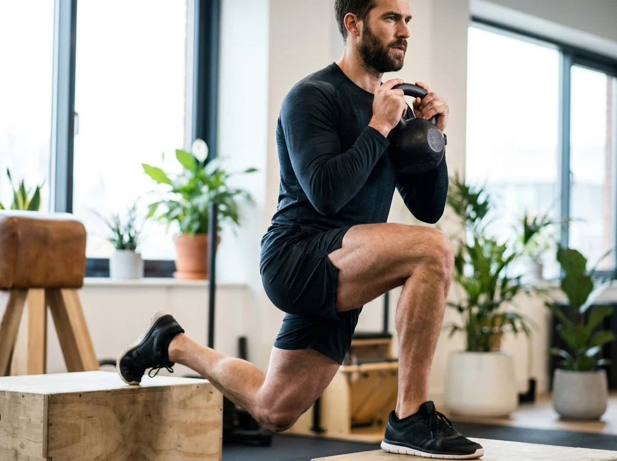 Photorealistic editorial close-up photograph of a fit French male runner in his late thirties performing a deep Bulgarian split squat with a kettlebell held at chest in a modern bright training studio. Back foot elevated on a low wooden box, front knee perfectly aligned over the foot, focused expression, athletic build, dark technical sportswear. Soft natural daylight from large window, light wood floor, plants and minimalist gym equipment in the soft-blurred background. Sharp focus on the working leg and glute engagement. Magazine quality sports photography, no text, horizontal landscape composition.