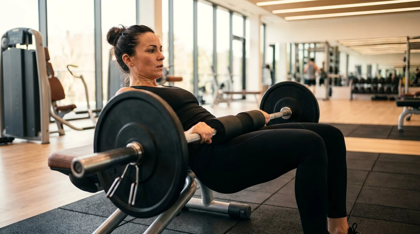 Photorealistic editorial photograph of a French female runner in her mid-thirties performing a heavy hip thrust exercise on a sturdy padded bench in a modern bright performance gym. Back resting on the bench, feet flat on the floor at hip-width, loaded barbell across the hip-crease (with foam pad), hips driven up to full lockout with strong glute squeeze, neutral spine. Athletic build, tied-back hair, focused breathing expression, fitted black sports outfit. Warm natural lighting, professional sports studio with wood floor and rubber tiles. Magazine quality, no text, horizontal landscape composition.