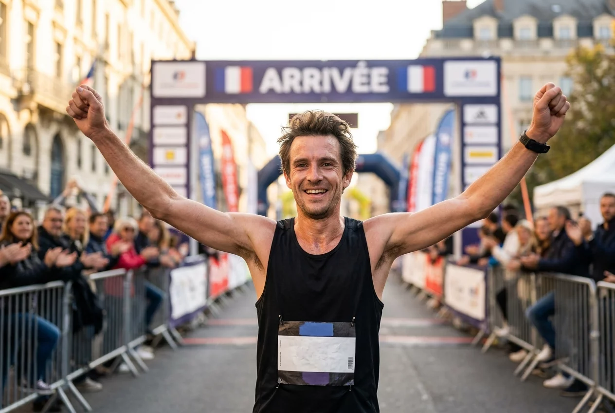 Photorealistic editorial photograph of a happy French male amateur marathon runner in his late thirties celebrating after crossing the finish line of a road marathon in a French city. He is wearing a race bib pinned to his black running vest, running watch on wrist, sweat on his face, both arms slightly raised, broad genuine smile of accomplishment. Cheering blurred crowd behind metal barriers, banners and finish line gantry softly out of focus, late afternoon golden light. Authentic sports event documentary photography, no readable text or sponsor logos, horizontal landscape composition.
