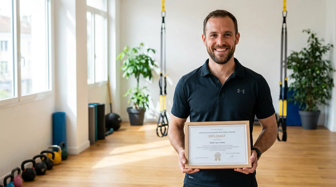 Photorealistic editorial photograph of a French sports coach in his late thirties standing proudly in a bright modern training studio in France, holding a recently received printed diploma in a simple frame. He wears a clean dark technical sports polo shirt, professional confident look. Studio with kettlebells, TRX ropes and plants in the soft background. Soft natural daylight from large windows, warm wood floor, no readable text on the diploma. Magazine quality, no watermark, horizontal landscape composition, atmosphere of pride and credibility.